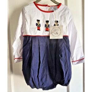 NWT THE BELLA BEAN Navy‎ white oxford toy soldier Romper 4T